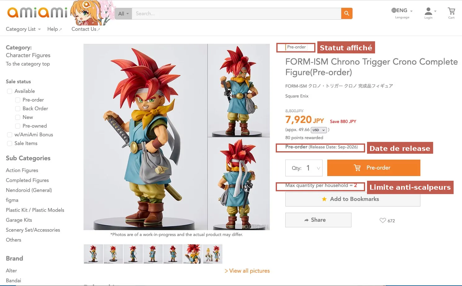 Capture annotée d'une fiche produit AmiAmi : badge Pre-order, date de release septembre 2026 et limite de quantité par foyer, exemple sur la figurine FORM-ISM Crono de Chrono Trigger